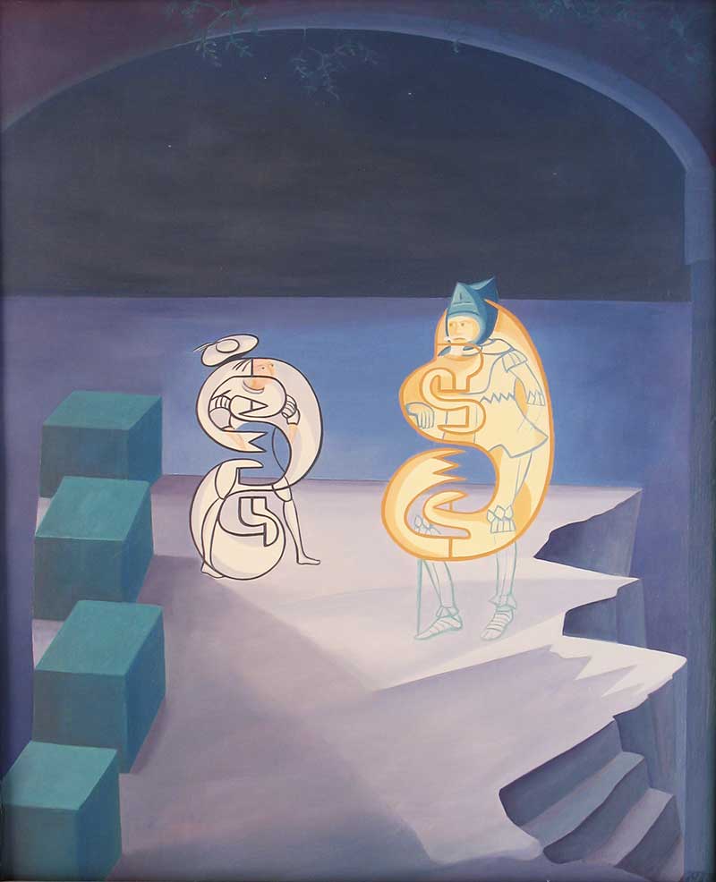 Painting depicting two cartoon-like Hamlets made from the letters of his name
