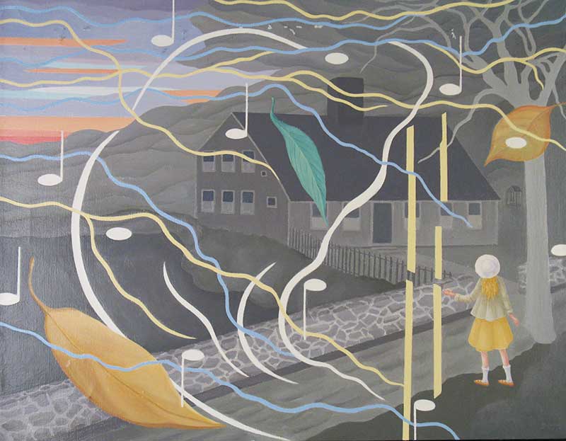 Painting of a young girl approaching a dark house while musical notes and spirit lines float in the wind