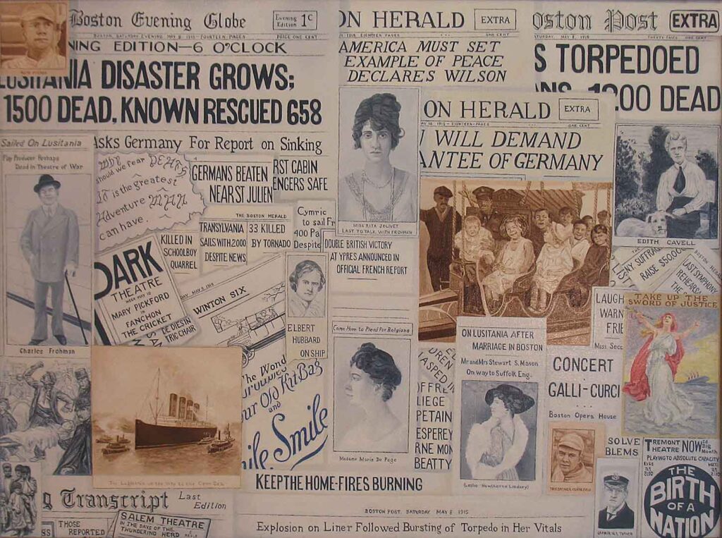 Montage painting of newspaper clippings about the sinking of the Lusitania