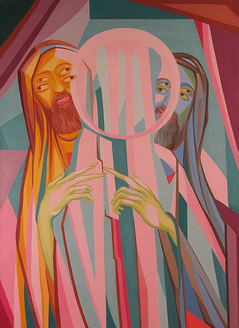 Two bearded men each with four eyes behind an abstracted Jesus surrounded by bright colors