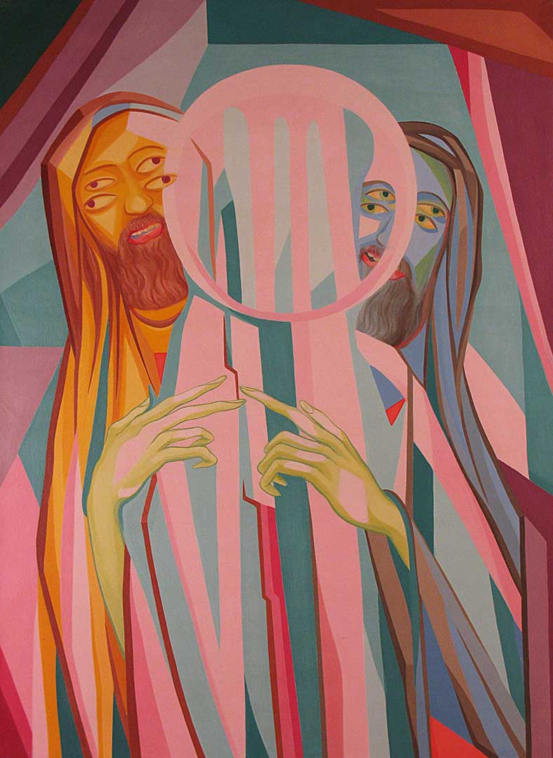 Two bearded men each with four eyes behind an abstracted Jesus surrounded by bright colors