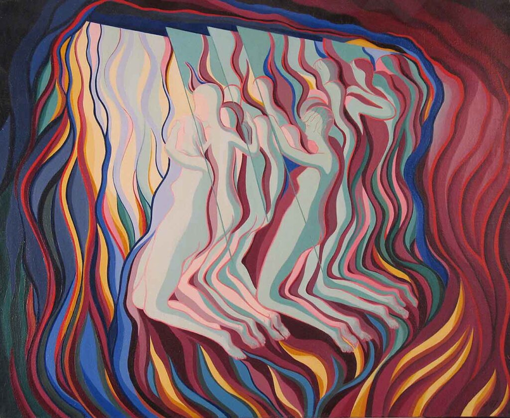 Multiple abstract nudes kneeling among flame-like colored shapes