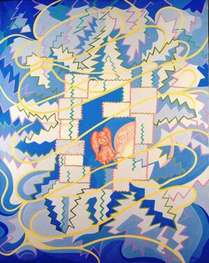 Miniature creche scene with angel and jagged, swirling shapes surrounding them
