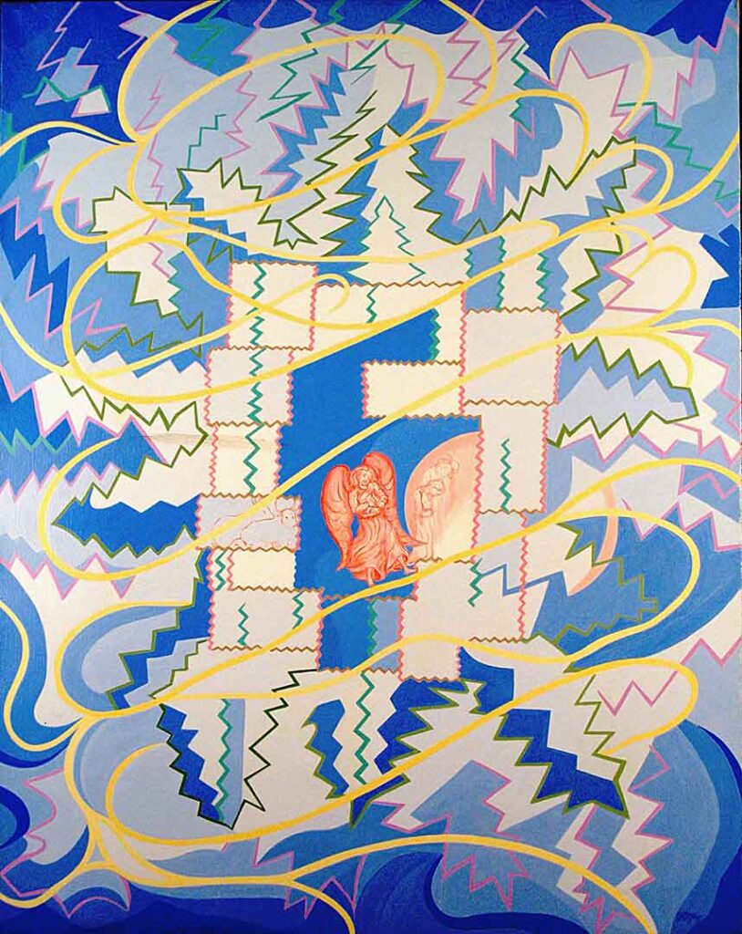 Miniature creche scene with angel and jagged, swirling shapes surrounding them