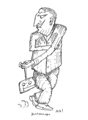 Cartoon sketch of a stern figure wielding a dust pan with a face