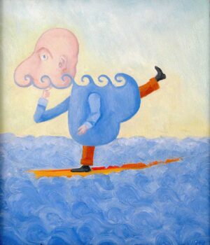 Cartoon-like figure standing on one leg on a floating surf board