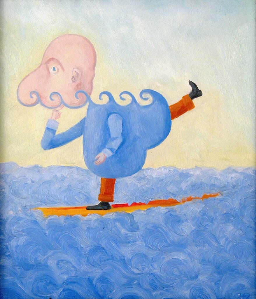 Cartoon-like figure standing on one leg on a floating surf board