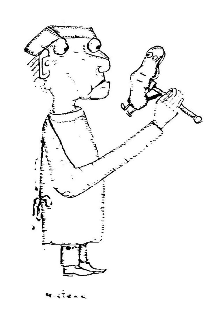 Cartoon sketch of a robed figure holding a small being