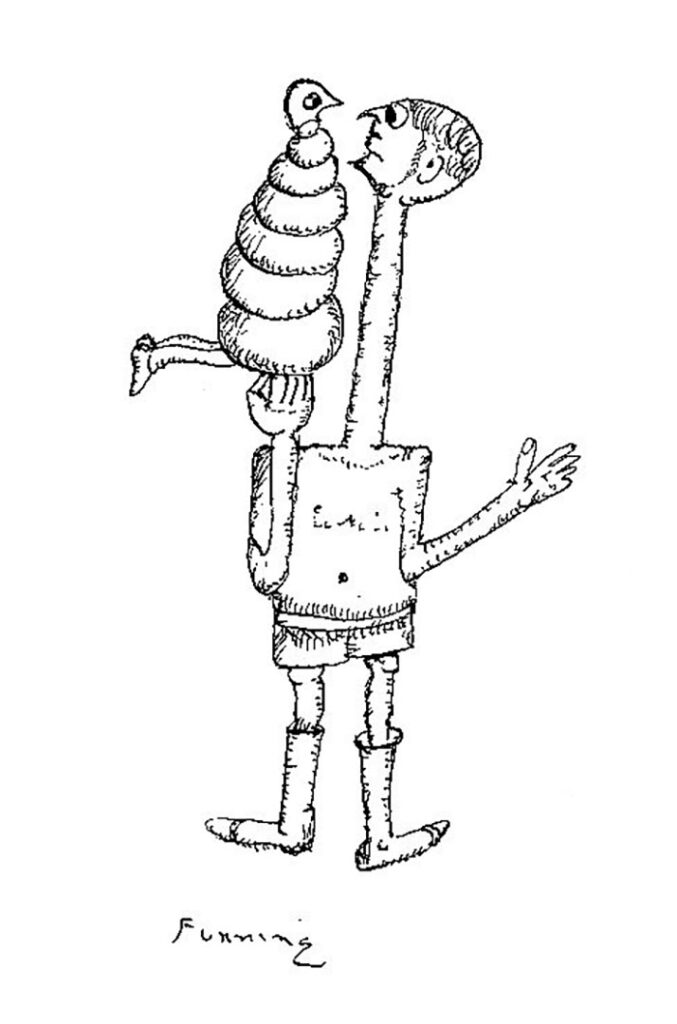 Cartoon sketch of man with elongated neck holding a strange creature