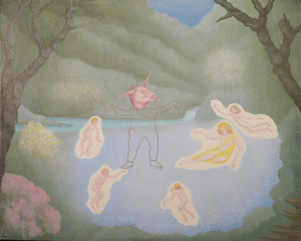 Fantasy painting of a transparent figure with a donkey's head surrounded by small floating nudes in a forest