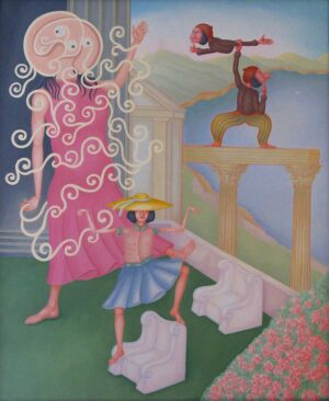 Cartoonish fantasy painting of abstract figures interacting in a classical setting