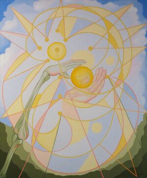 Abstract painting of hands interacting with glowing spheres in a minimalist landscape