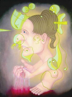 Abstract depiction of Lady Macbeth washing her hands and surrounded by green, ghostly spirits