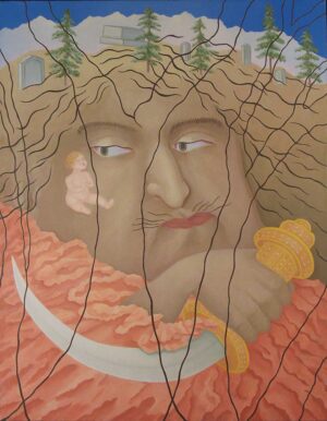 Painting of Herod's face as he gazes at a bay while holding an ornate knife