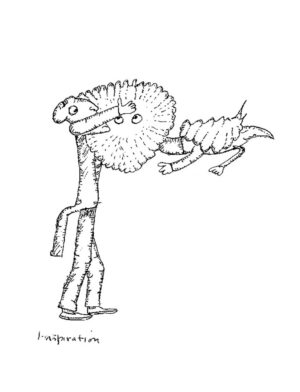 Cartoon sketch of man embracing a fantastical creature