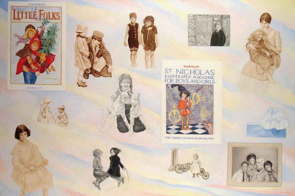Montage-style painting of posters and photographs of children and families in various activities