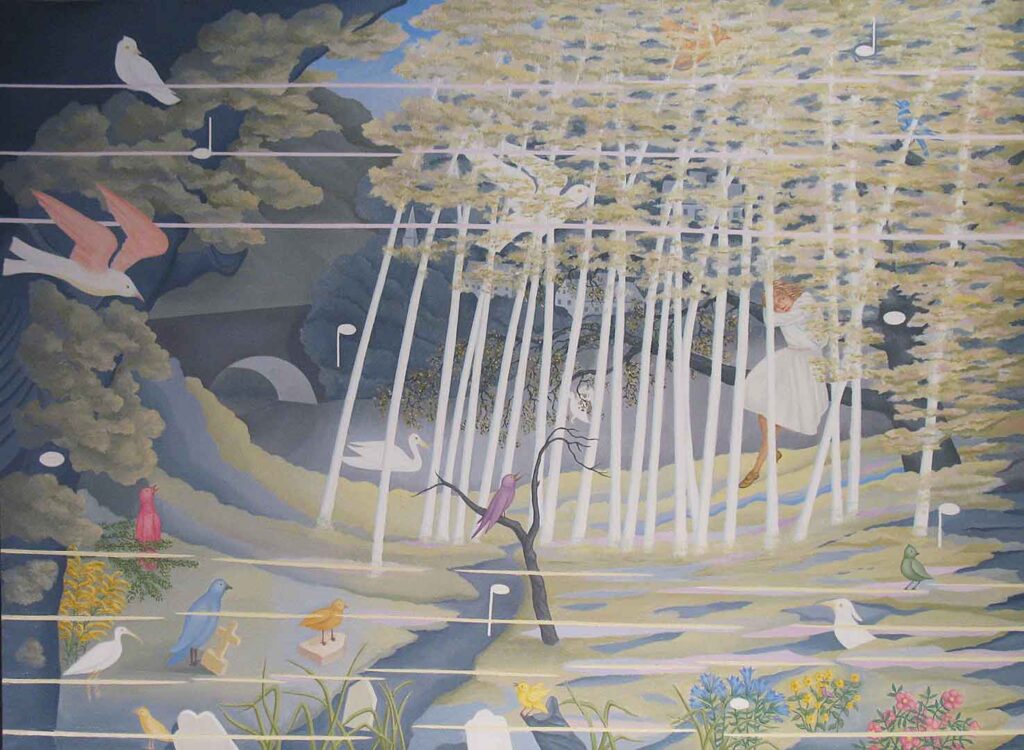 Painting of young girl hidden in trees in a fantasy landscape with singing birds