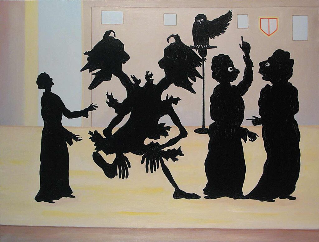 Simple composition of cartoonish figures in the style of silhouette puppets