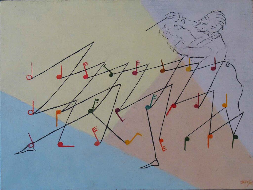 Line painting of a conductor with many musical notes joined by jagged lines