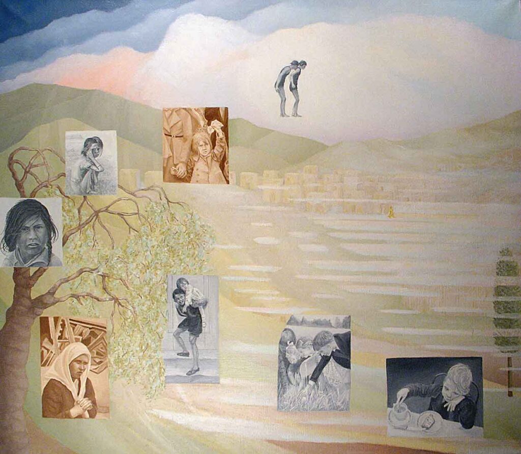 A painting showing children in various "photographs" in a montage over a distant landscape