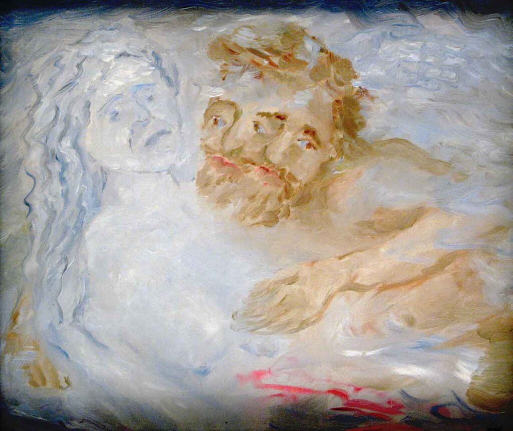 Rough-styled painting of abstracted Odysseus reaching for his pale colored mother
