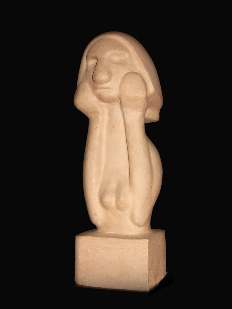 Exaggerated sculpture of a woman from head to waist in thoughtful repose