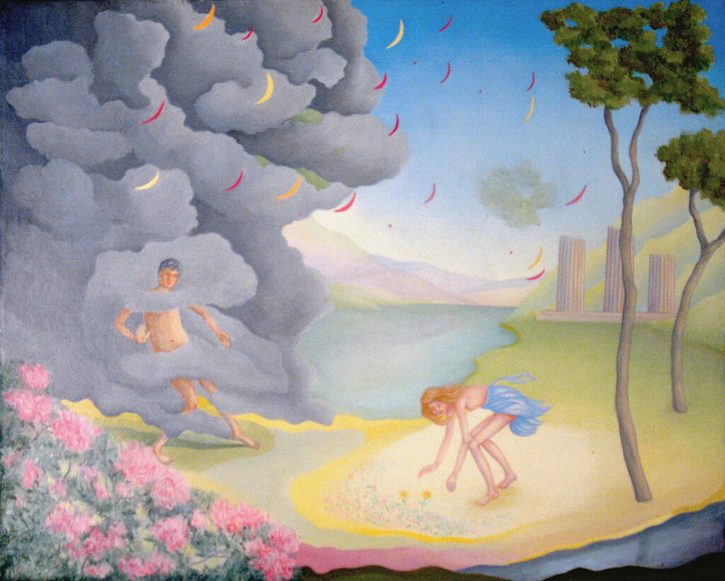 Fantasy painting showing Persephone reaching for flowers in a classical style landscape