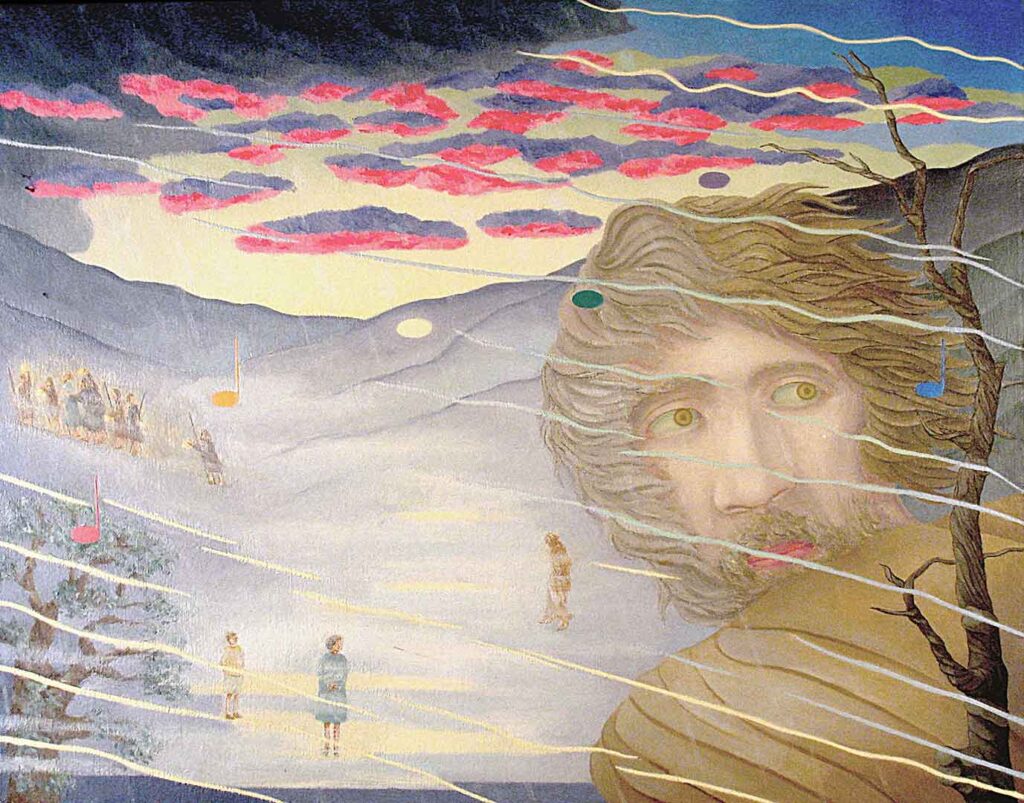 Painting of Peter looking anxiously over his shoulder as spirit lines float over a red sunset sky
