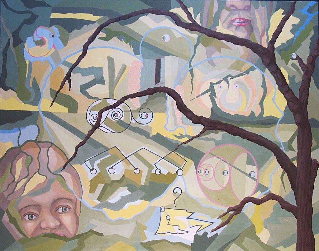 Abstract painting of faces surrounded by conceptual beings and jagged landscape