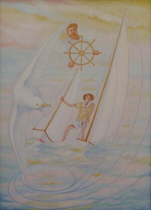 Figure floating in the sky with ship's wheel while a young man straddles two sailboats