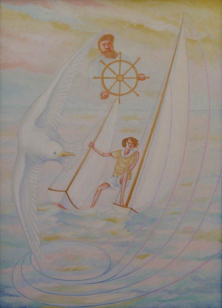 Figure floating in the sky with ship's wheel while a young man straddles two sailboats