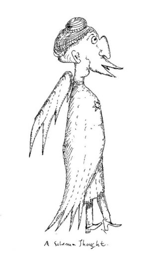 Cartoon figure half human and half bird