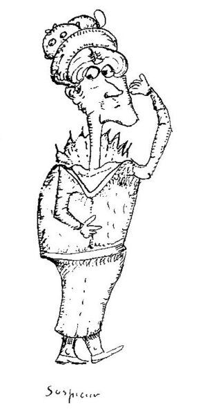 Cartoon sketch of suspicious woman with a baby on her hat