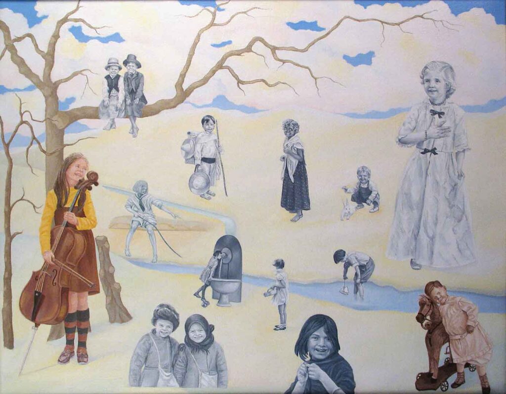 Painting of many happy children in black and white with two in color in an empty landscape