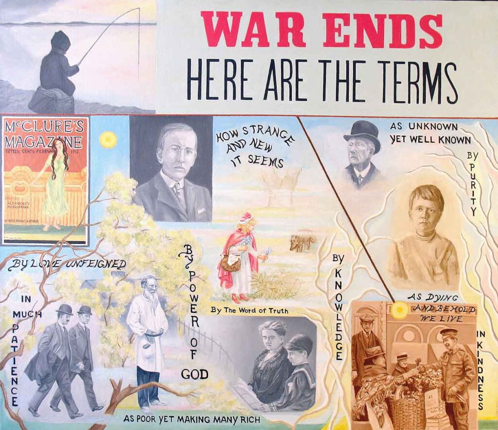 Montage painting of scenes at war's end interspersed with poetic phrases