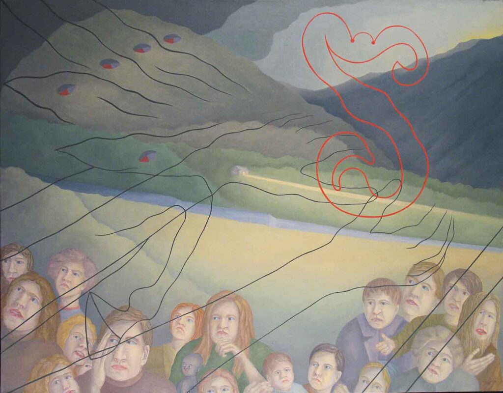 Oil painting showing crowd of anxious people watching spirit lines moving overhead