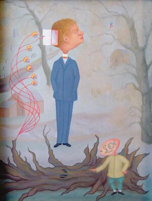 Fantasy painting of a floating man with a door in his head