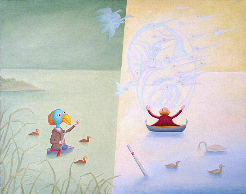 pastel colored painting of child in a boat embracing ethereal birds while a cartoonish bird observes from a second boat