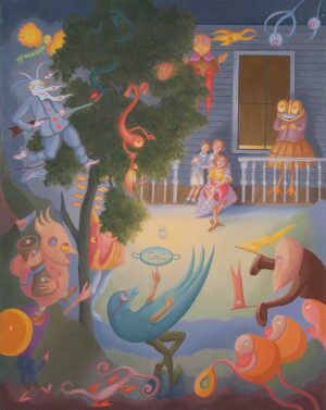 Cartoonish figures surrounding anxious family sitting on their porch