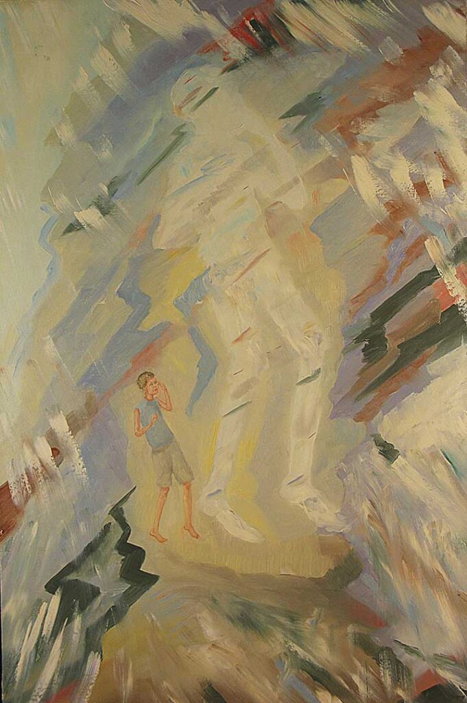 Energetic painting of anxious figure surrounded by brush strokes and a ghostly shadow