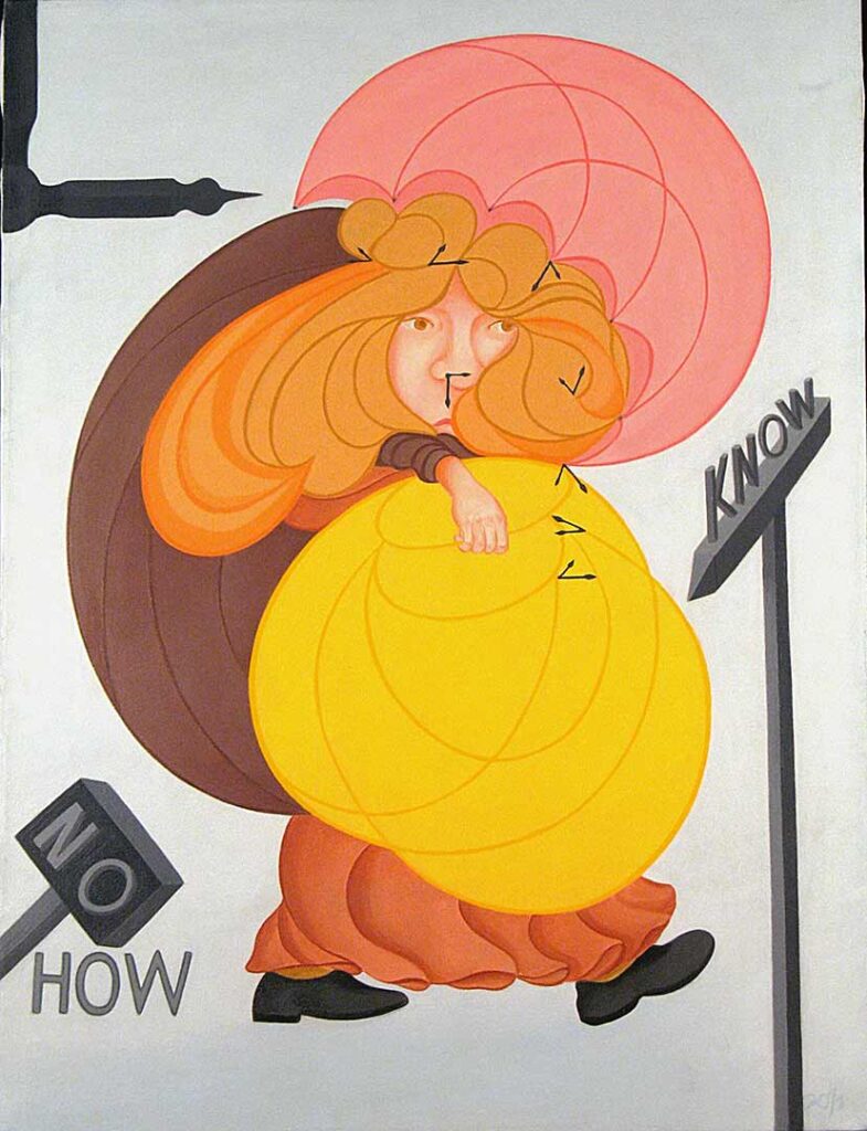 Cartoonish figure of red-haired woman in colorful clothes with a pink parachute