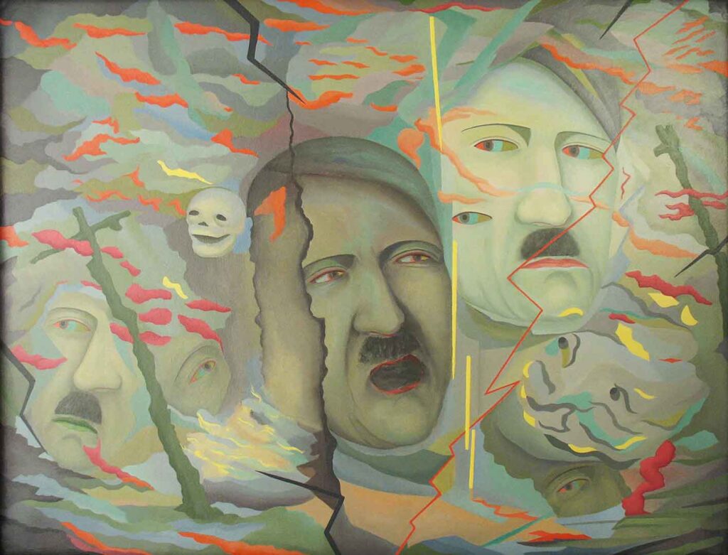 Abstract painting of Hitler faces and skulls in an ominous setting with red floating streaks