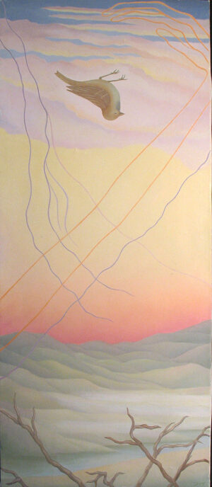inverted sparrow floats over a barren pastel landscape with spirit lines