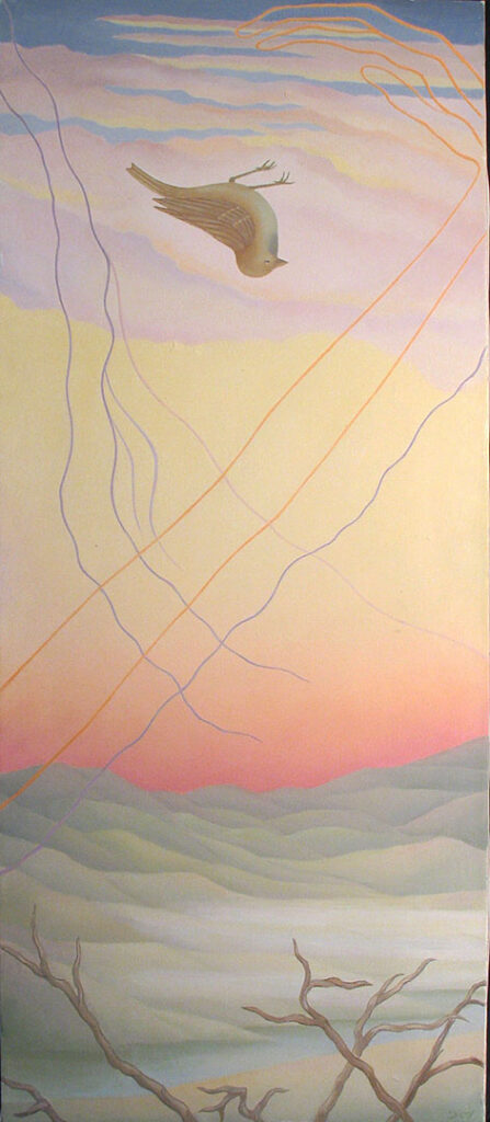 inverted sparrow floats over a barren pastel landscape with spirit lines