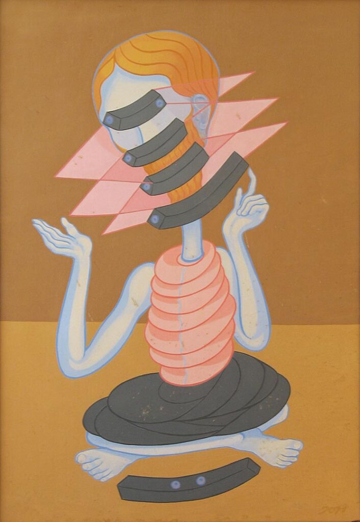 Cartoonish painting of seated figure with abstract shapes over his face