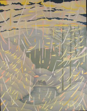 Moody painting in neutral tones of small house on lake with colored lines falling over it