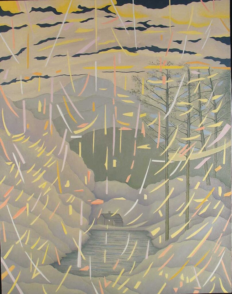 Moody painting in neutral tones of small house on lake with colored lines falling over it