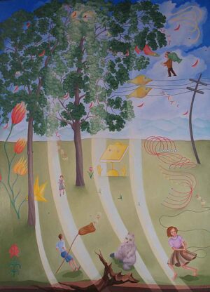 Fantastical painting of people and and animals floating through a colorful landscape
