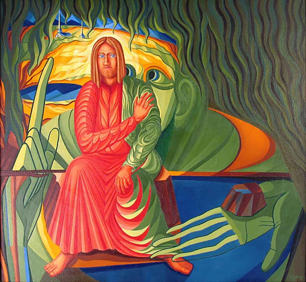 Colorful painting of Jesus being tempted