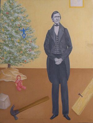 Painting of stoic Ralph Waldo Emerson standing before a Christmas tree